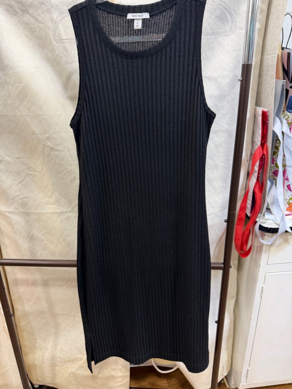 Nine West Black Ribbed Sleeveless Midi Bodycon Dress